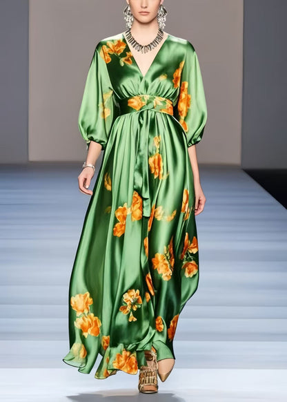 Organic Green Print Exra Large Hem Silk Holiday Dress Half Sleeve Spring