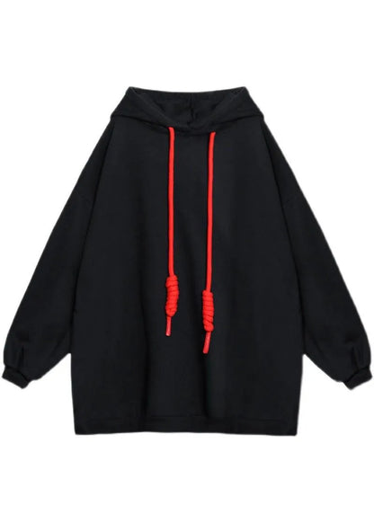 Style Black Hooded Pockets Drawstring Fall Loose Sweatshirts Top