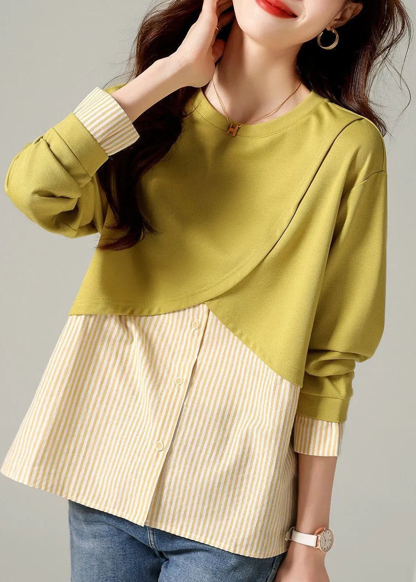 Loose Yellow O-neck Striped Patchwork T Shirts Long Sleeve