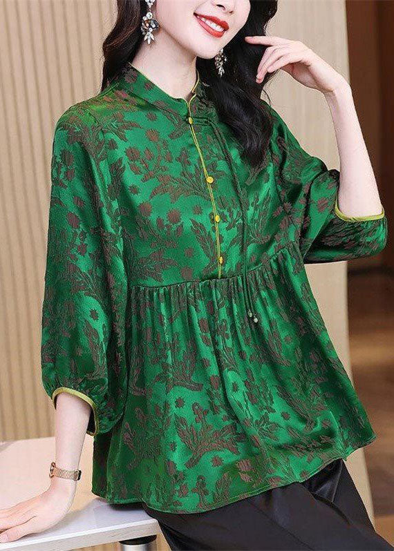 Green Stand Collar Wrinkled Jacquard Silk Shirt Tops Bracelet Sleeve