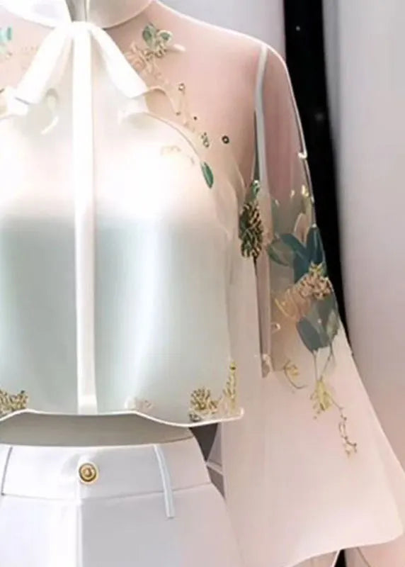 Chinese Style White Stand Collar Embroidered Chiffon Flare Sleeve Fall
