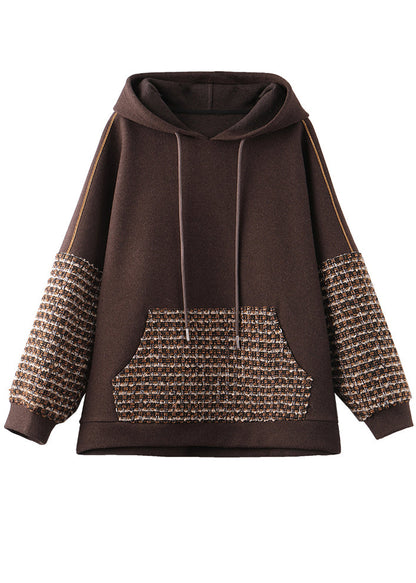Diy Brown Hooded Patchwork Cotton Sweatshirt Spring