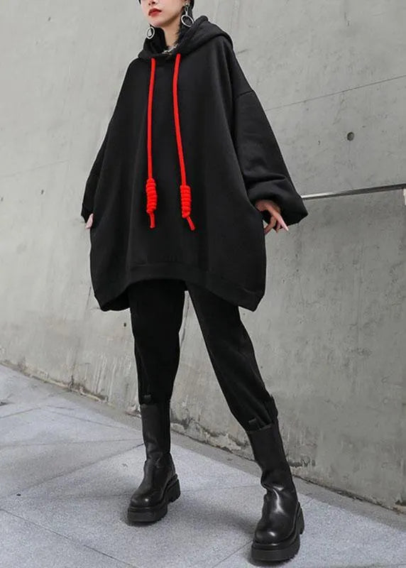 Style Black Hooded Pockets Drawstring Fall Loose Sweatshirts Top