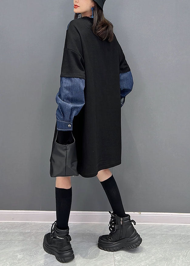 Black O-neck Denim Patchwork Cotton Robe Dresses Fall