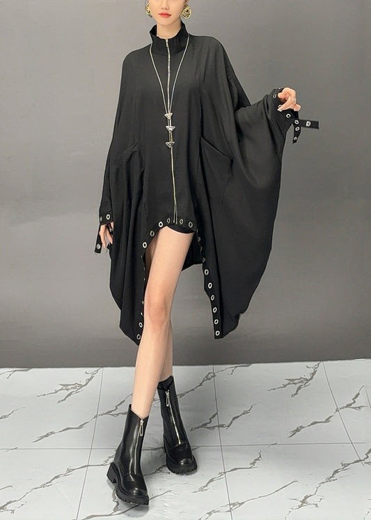 Black Turtleneck Asymmetrical Patchwork Maxi Coats Batwing Sleeve