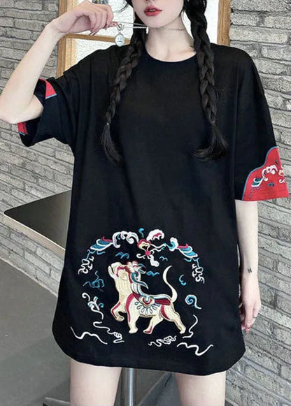 Black Patchwork Loose Tanks O-neck Short Sleeve
