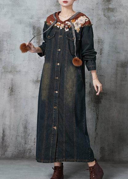 Fine Navy Patchwork Denim Long Dresses Spring