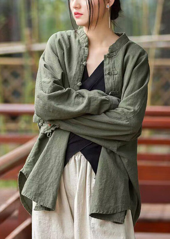 Loose Green Button Cotton Coats Long Sleeve