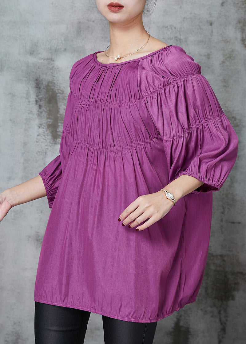 Style Purple Slash Neck Wrinkled Cotton Shirt Bracelet Sleeve