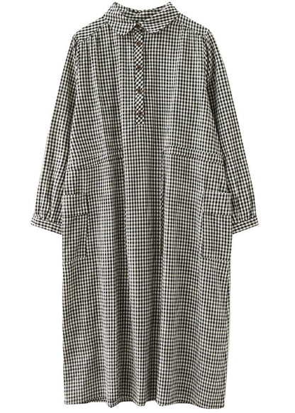 Simple Plaid Button Pockets Tie Waist Fall Party Dress Long Sleeve