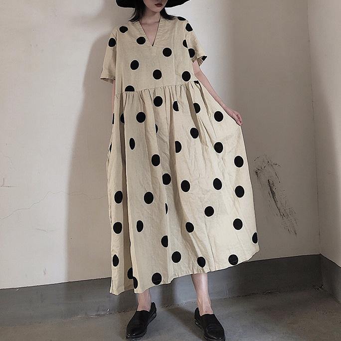 Natural V Neck Wrinkled Spring Tunics Work Outfits Dotted Long Dresses