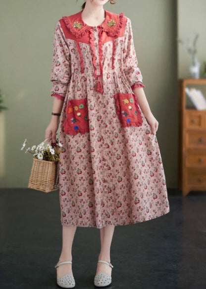 New Pink Ruffled Print Laceup Cotton Dress Spring