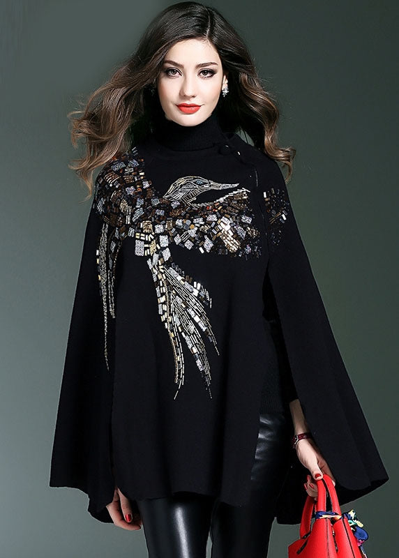 Black Turtle Neck Sequins Knit Sweater Cloak Sleeves