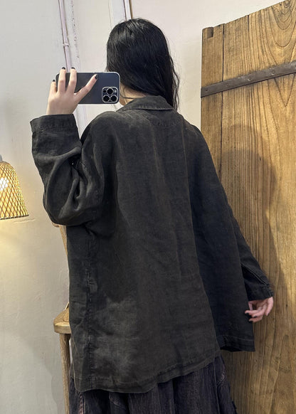 Coffee Patchwork Button Linen Coats Long Sleeve Fall