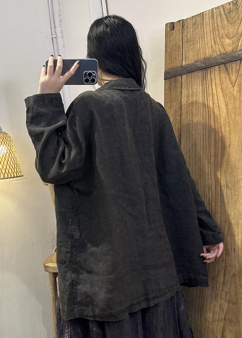 Coffee Patchwork Button Linen Coats Long Sleeve Fall