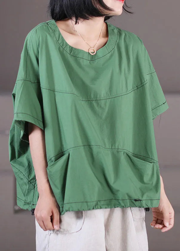 Green Pockets Cotton Tank Tops O-neck Drawstring Short Sleeve