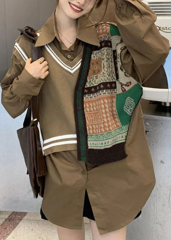 Chocolate Peter Pan Collar Patchwork Vest Shirt Top Spring