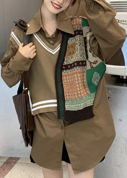Chocolate Peter Pan Collar Patchwork Vest Shirt Top Spring