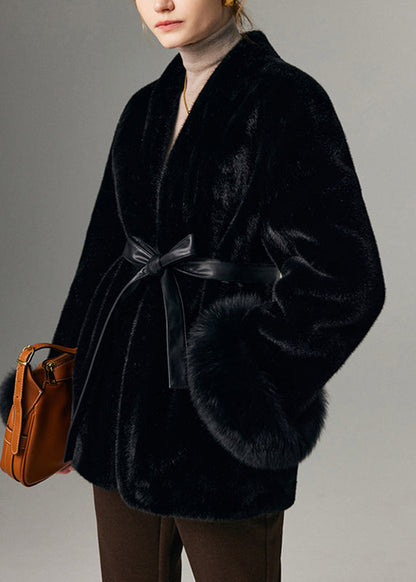 Classy Black Notched Pockets Tie Waist Fox Leather and Fur Coat Winter