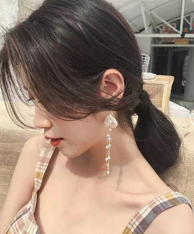 Gold Acrylic Alloy Pearl Petal Tassel Drop Earrings