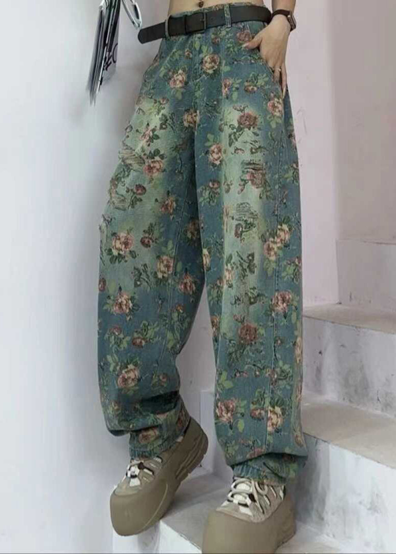 Tea Green Oversized Print Denim Pants Fall