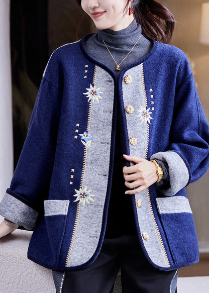 Navy Embroidered Button Woolen Coats Fall