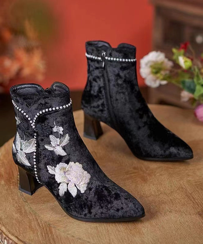 White Embroidery Nail Bead Chunky Heel Boots