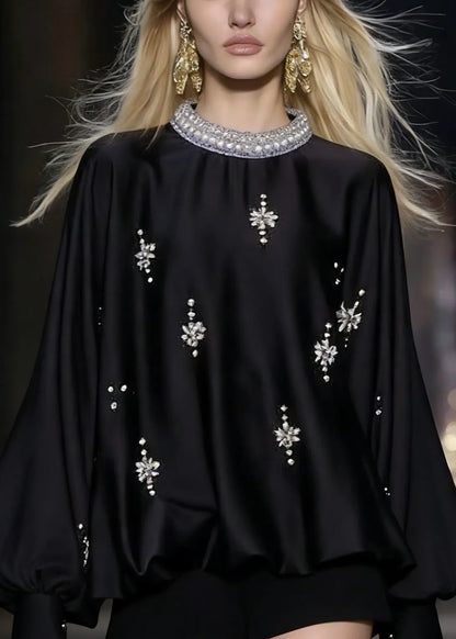 Italian Black Zircon Silk Shirt Batwing Sleeve Spring