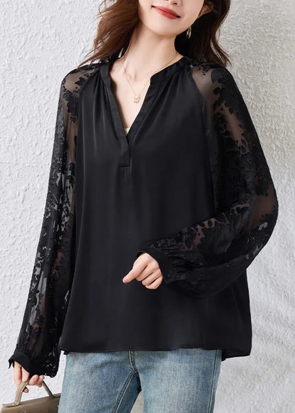 Loose Black V Neck Chiffon Blouses Fall