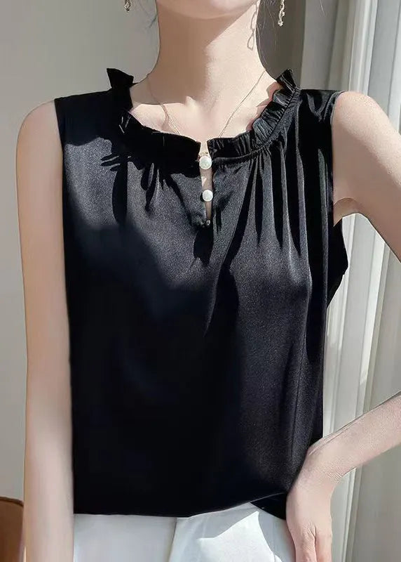 Black Button Silk Sleeveless Blouse Ruffled