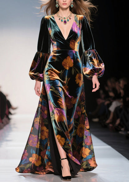V Neck Print Side Open Velvet Robe Dresses Fall