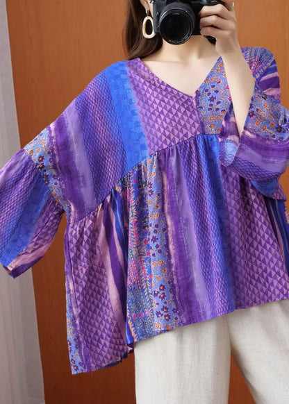 Organic Purple Flare Sleeve V Neck Patchwork Print Fall Top