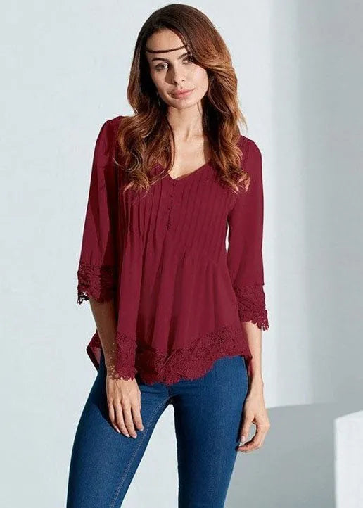 V-neck Pleated Lace Patchwork Three Quarter Sleeve Blouse