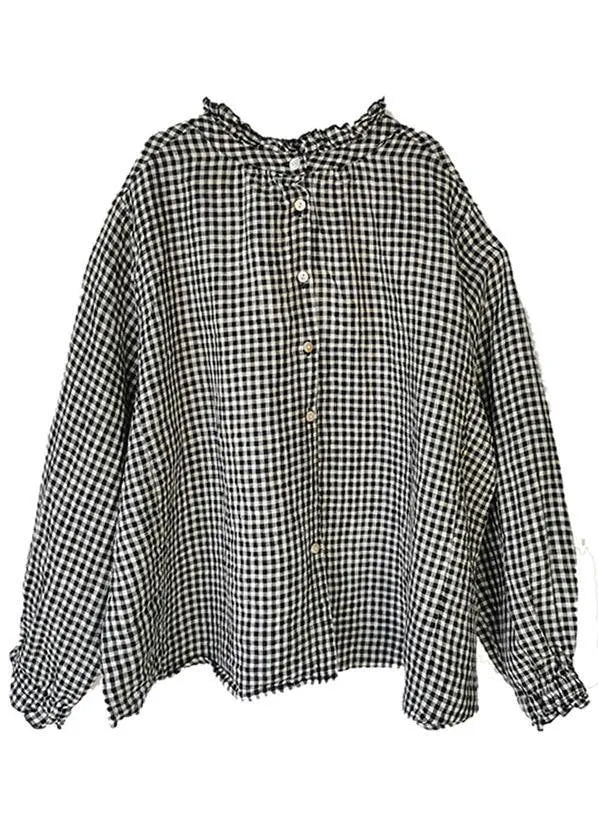 Art Black White Plaid Button Ruffled Fall Long Sleeve Blouse Top