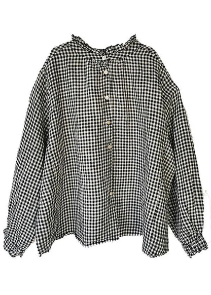 Art Black White Plaid Button Ruffled Fall Long Sleeve Blouse Top