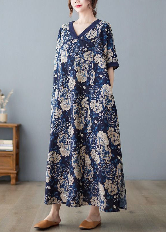 Navy Oversized Print Cotton Vacation Dresses Summer