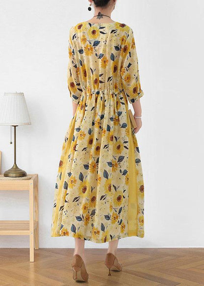Italian Yellow Print Ramie Tie Waist Ankle Dress Fall