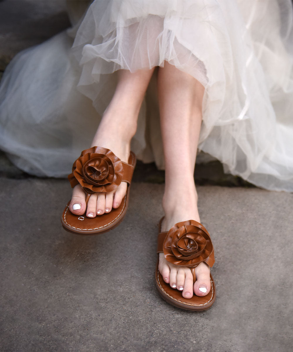 Boutique Brown Cowhide Leather Flip Flops Splicing