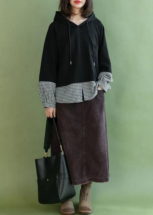 Stylish Black Patchwork Plaid Pockets Fall Loose Pullover Street Wear