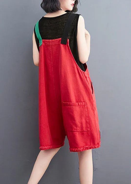 Red Slash Neck Graphic Print Patchwork Button Denim Jumpsuit Summer