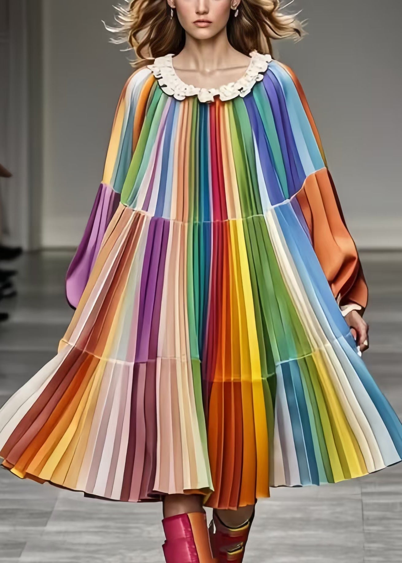 Italian Rainbow Oversized Patchwork Chiffon Pleated Dress Fall