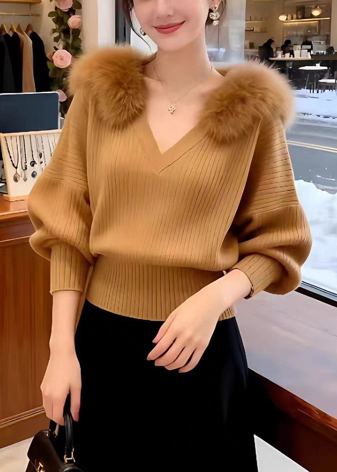 Slim Fit Beige Fur Collar Knit Sweater Tops Spring