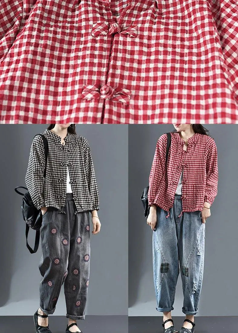 Black O-neck Plaid Fall Long Sleeve Trench
