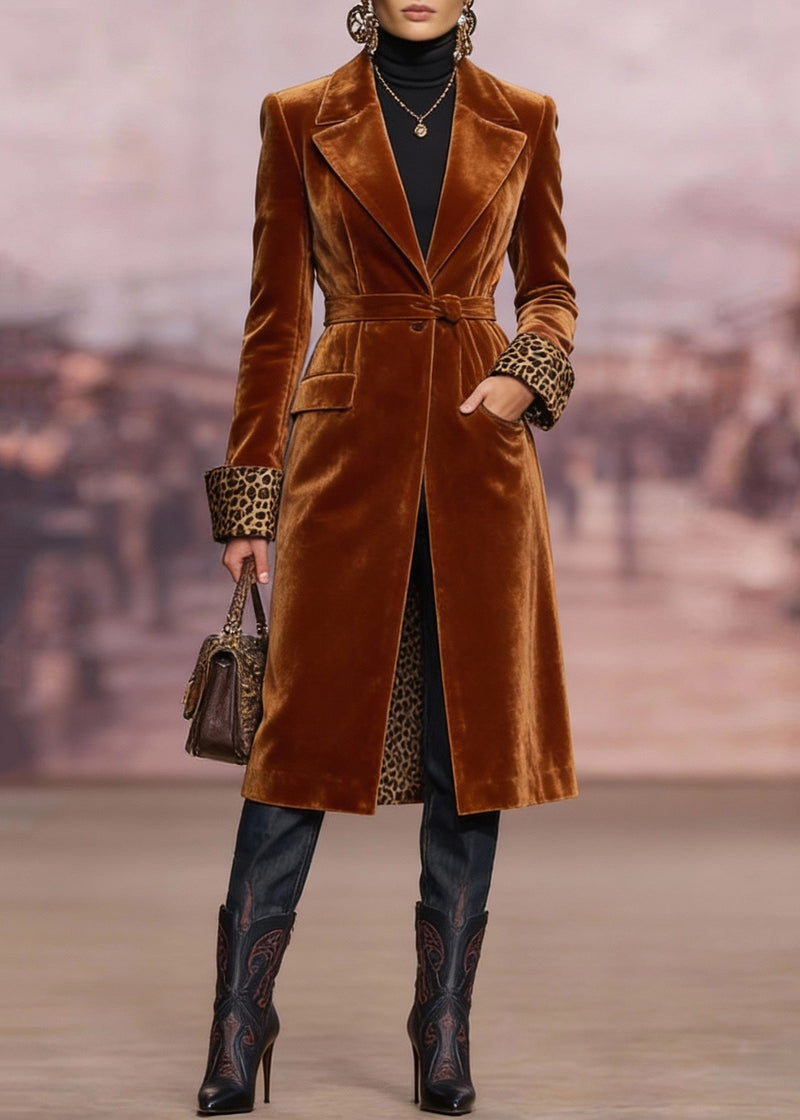 Brown Peter Pan Collar Pockets Velvet Trench Spring