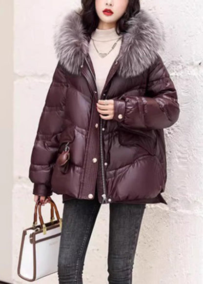 Coffee Fox Collar Zippered Duck Down Jackets Long Sleeve