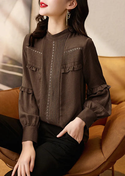 Chocolate Ruffled Patchwork Silk Shirt Tops Spring