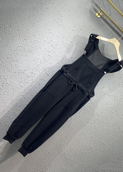 Black Pockets Drawstring Patchwork Cotton Overalls Jumpsuit Fall