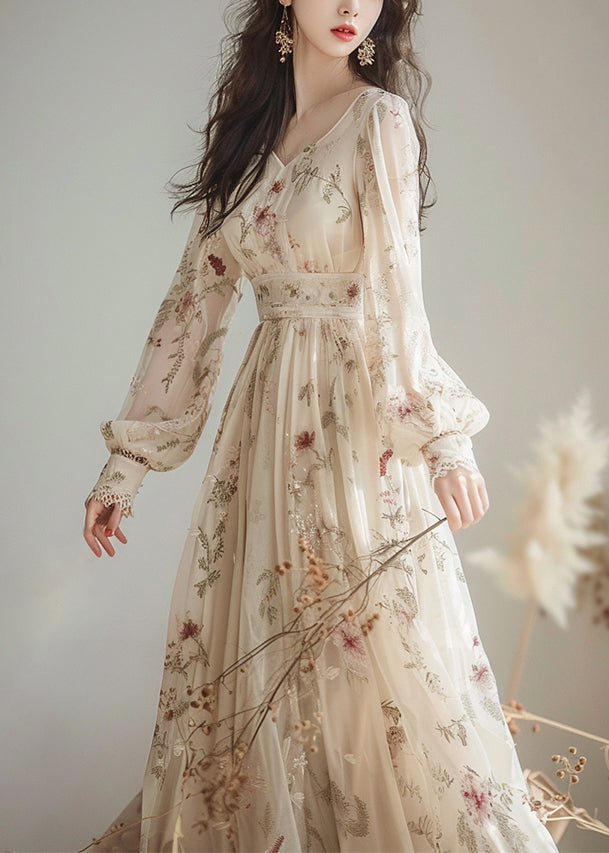 V Neck Print High Waist Chiffon Dress Long Sleeve Spring