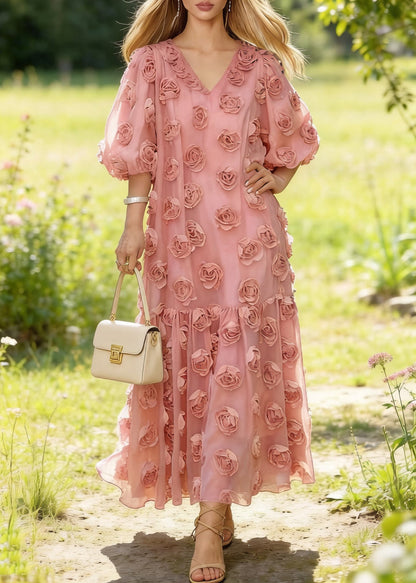 Fitted Pink Oversized Decorated Tulle Party Dresses Summer