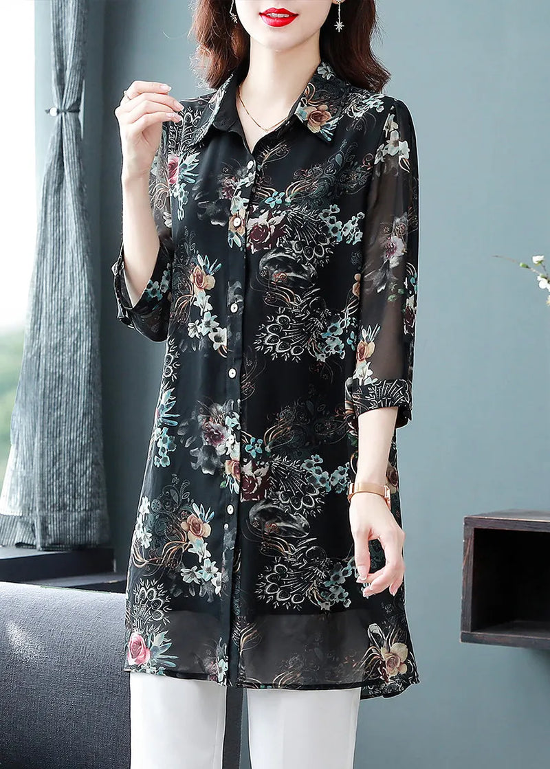Black Button Peter Pan Collar Print Long Chiffon Blouses Three Quarter Sleeve
